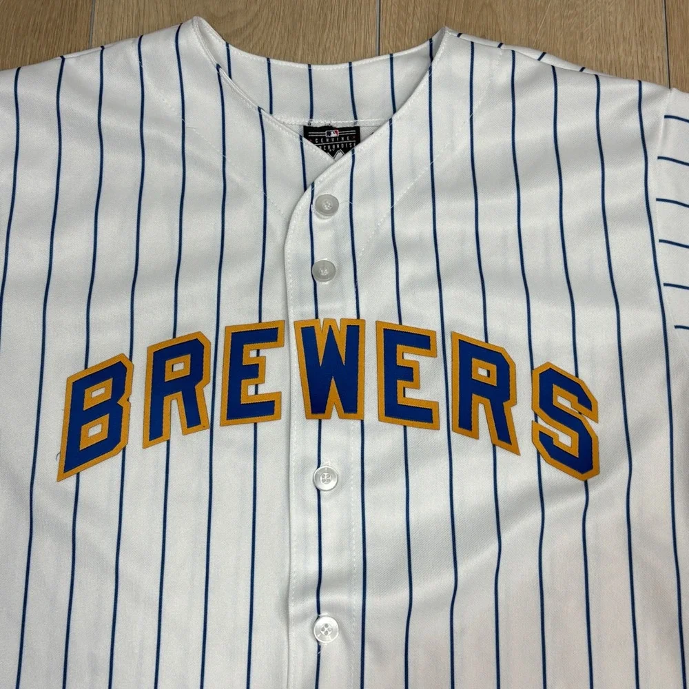 Majestic Milwaukee Brewers MLB Pinstripe Baseball Jersey Youth Large White Blue